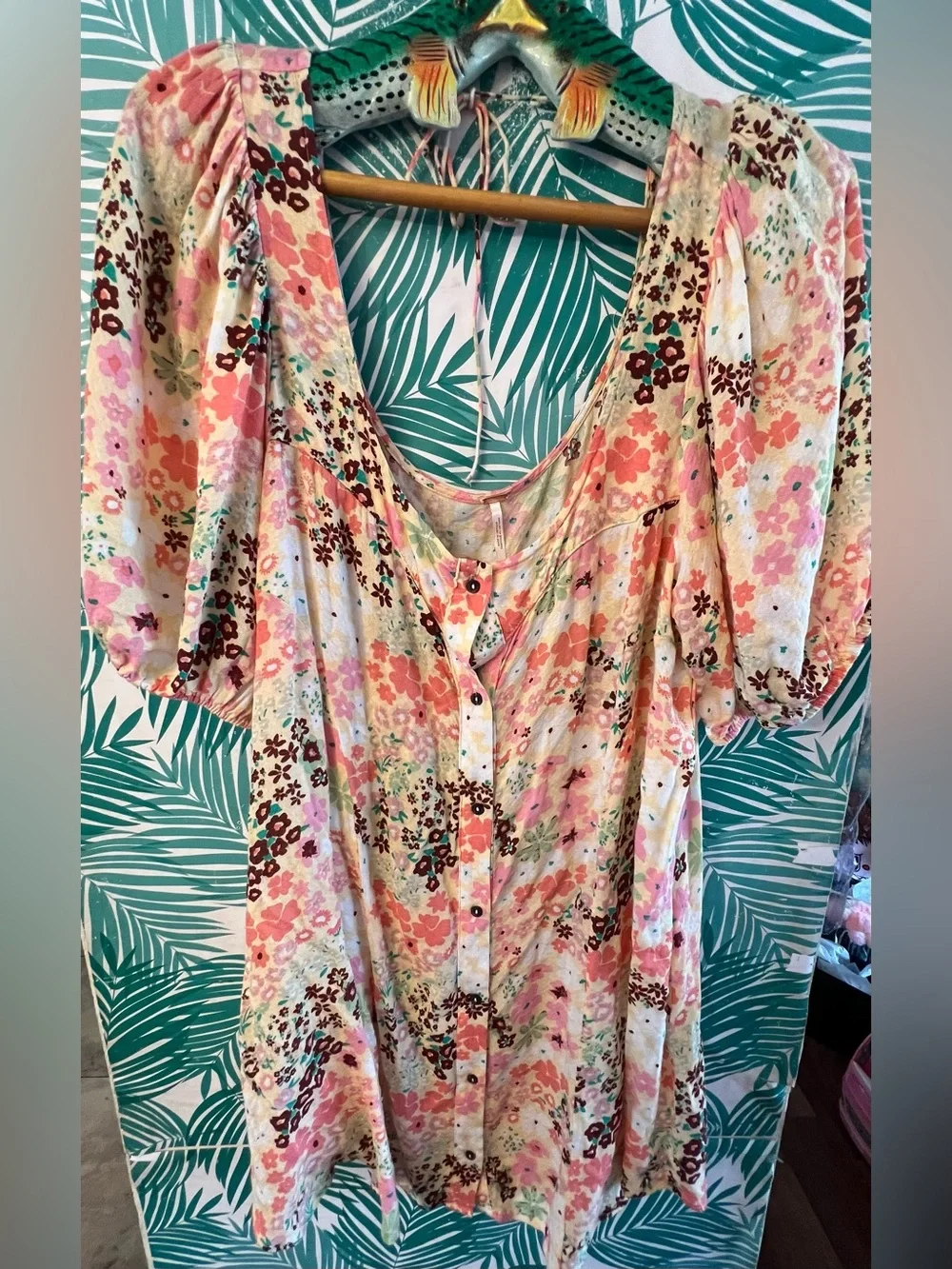 Free People Callie Floral Button-Front Tunic in Pink & Cream w/ puff sleeves XL